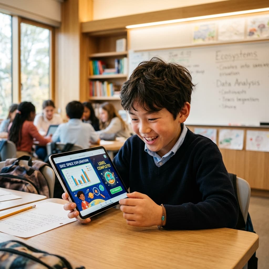 Smart K-12 grade-school student looking at tablet screen